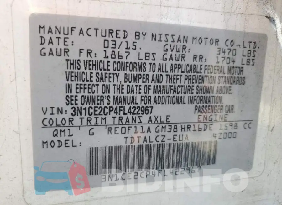 3N1CE2CP4FL422967 Photo# 12