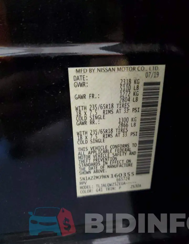 5N1AZ2MJ9KN160355 Photo# 13