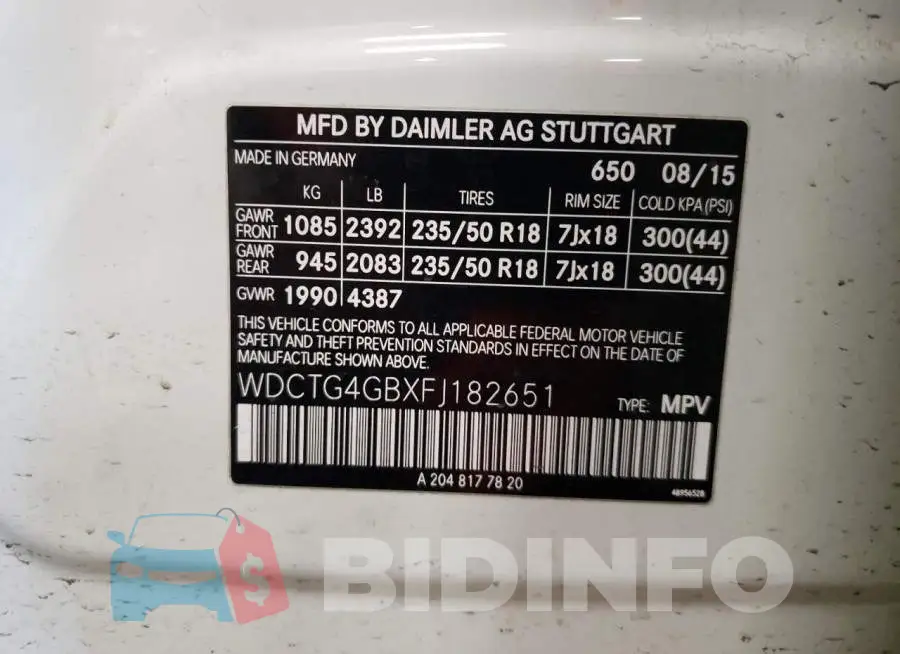 WDCTG4GBXFJ182651 Photo# 13