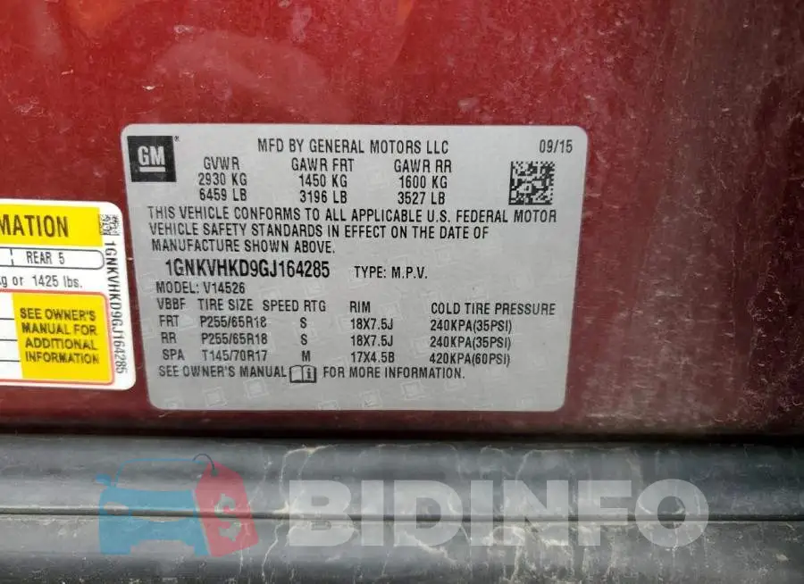 1GNKVHKD9GJ164285 Photo# 13