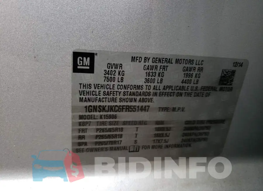 1GNSKJKC6FR551447 Photo# 13