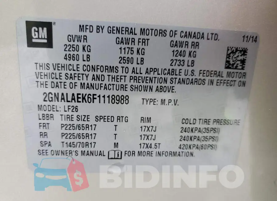 2GNALAEK6F1118988 Photo# 13