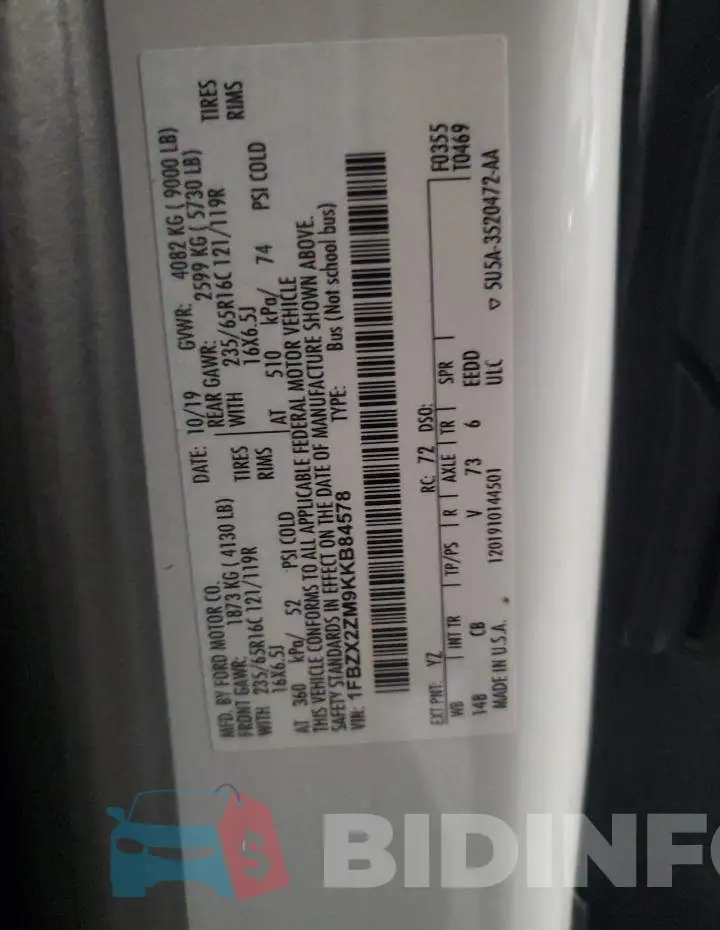 1FBZX2ZM9KKB84578 Photo# 13