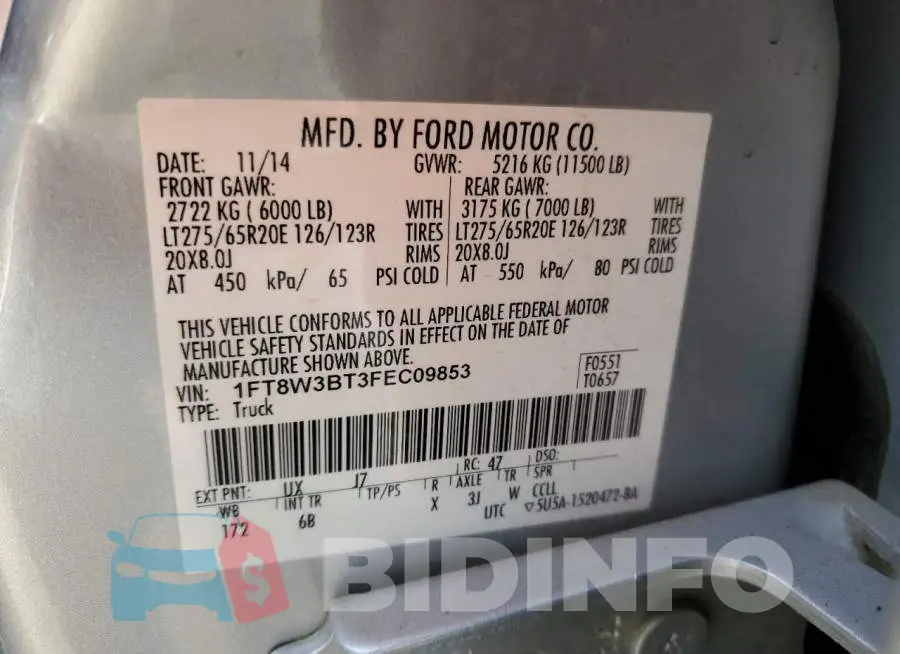 1FT8W3BT3FEC09853 Photo# 12