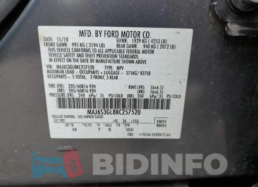 MAJ6S3GL8KC257520 Photo# 13