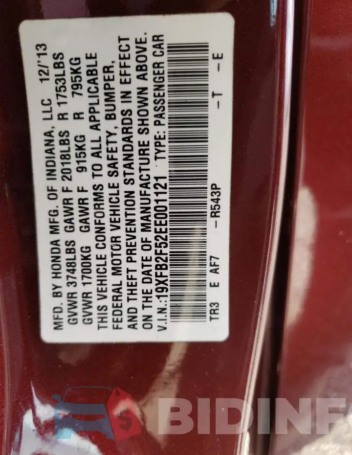19XFB2F52EE001121 Photo# 10