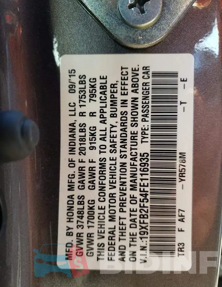 19XFB2F54FE116935 Photo# 12