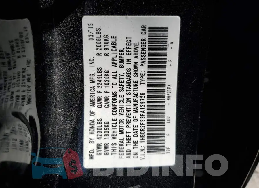 1HGCR2F33FA129726 Photo# 12