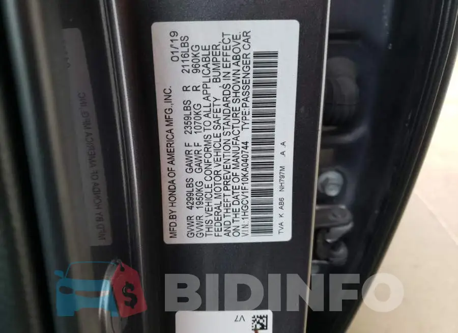 1HGCV1F10KA040744 Photo# 12