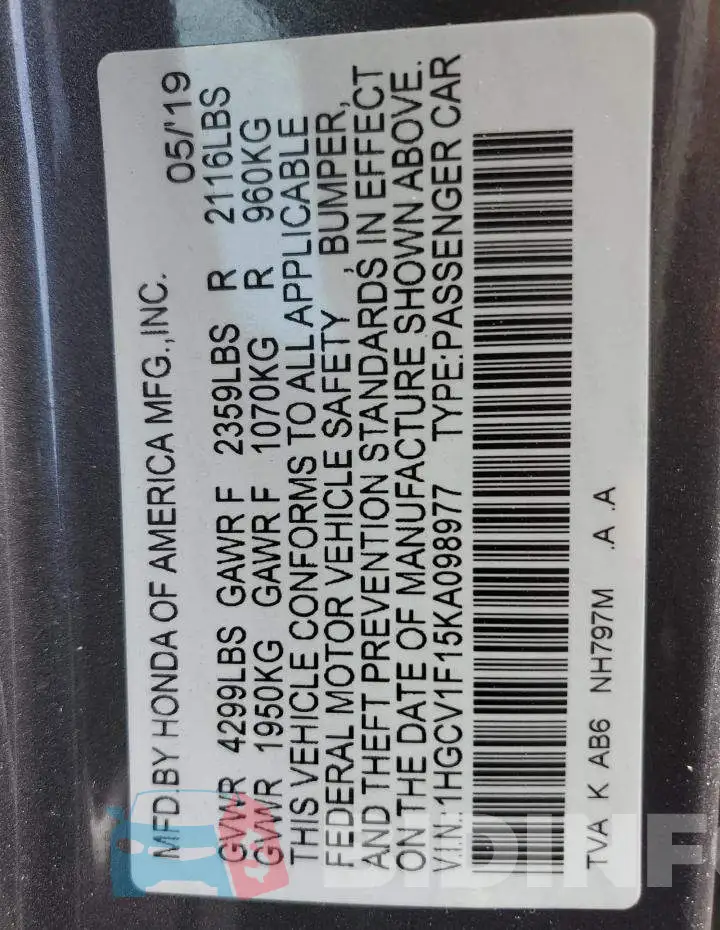 1HGCV1F15KA098977 Photo# 12