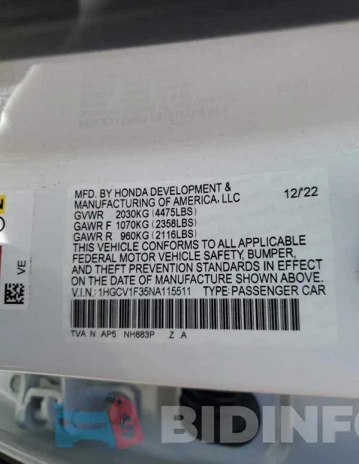 1HGCV1F35NA115511 Photo# 12