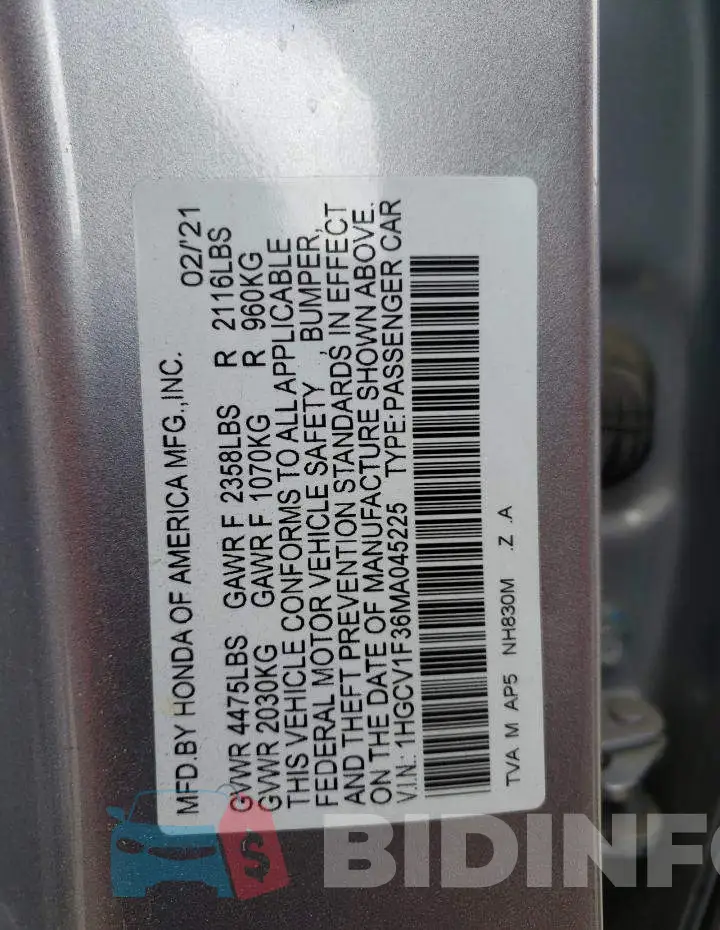 1HGCV1F36MA045225 Photo# 12