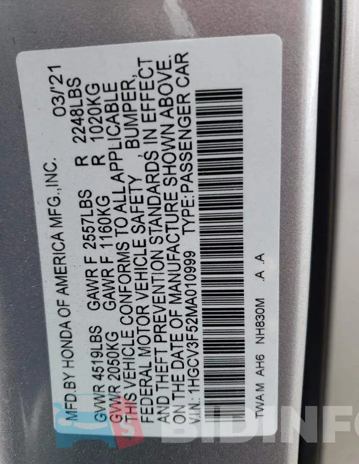 1HGCV3F52MA010999 Photo# 12