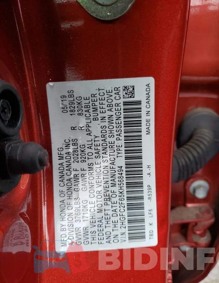 2HGFC2F65KH568494 Photo# 12