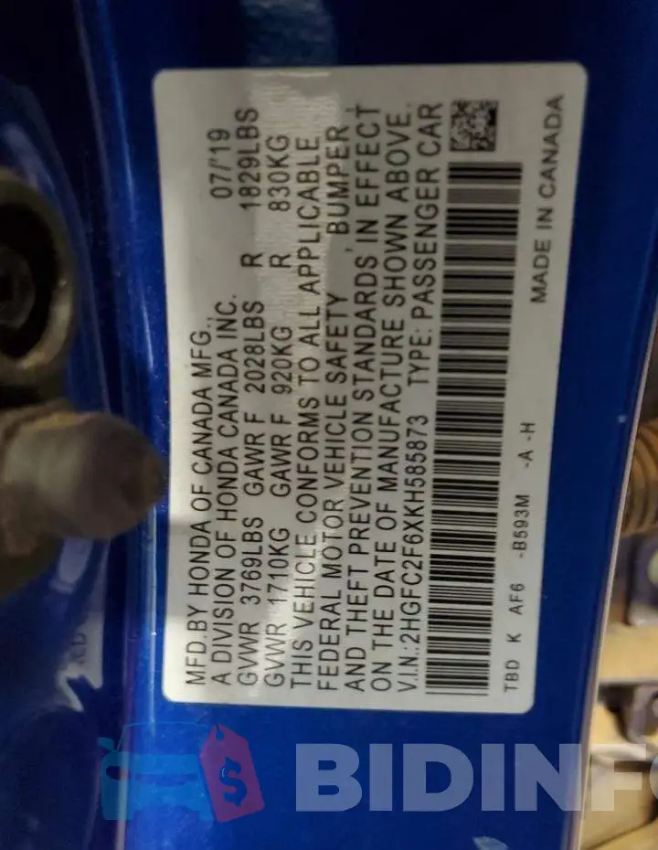 2HGFC2F6XKH585873 Photo# 12