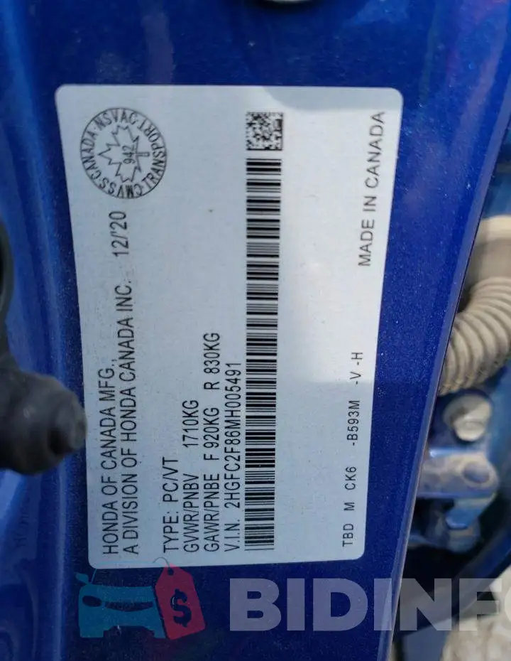 2HGFC2F86MH005491 Photo# 13