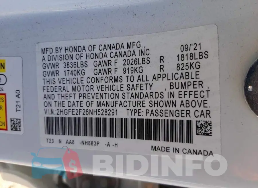 2HGFE2F26NH528291 Photo# 12