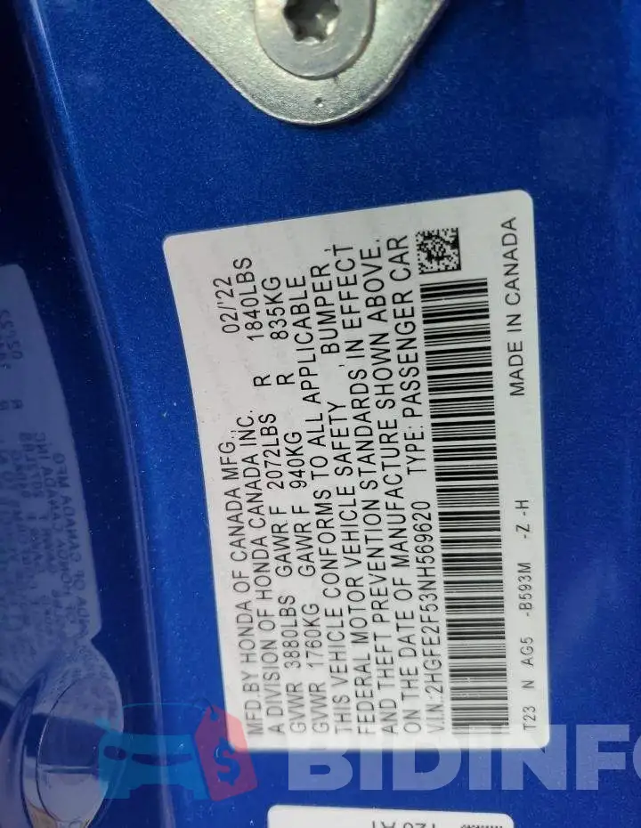 2HGFE2F53NH569620 Photo# 12