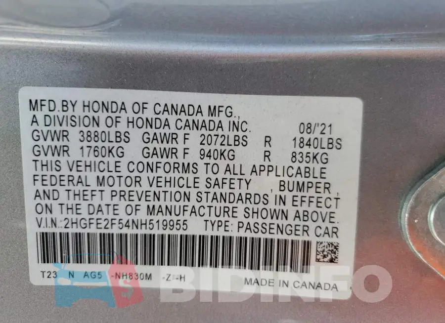 2HGFE2F54NH519955 Photo# 12