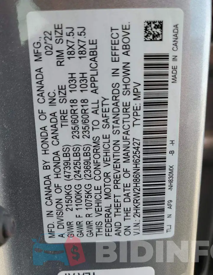 2HKRW2H86NH625427 Photo# 13