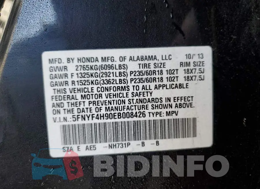 5FNYF4H90EB008426 Photo# 13