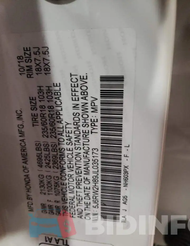 5J6RW2H89JL035173 Photo# 12