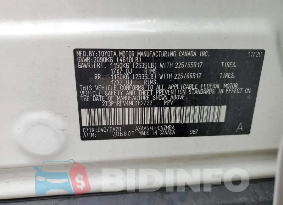 2T3P1RFV4MC162722 Photo# 13
