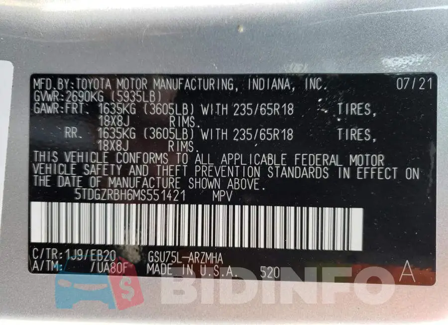5TDGZRBH6MS551421 Photo# 13
