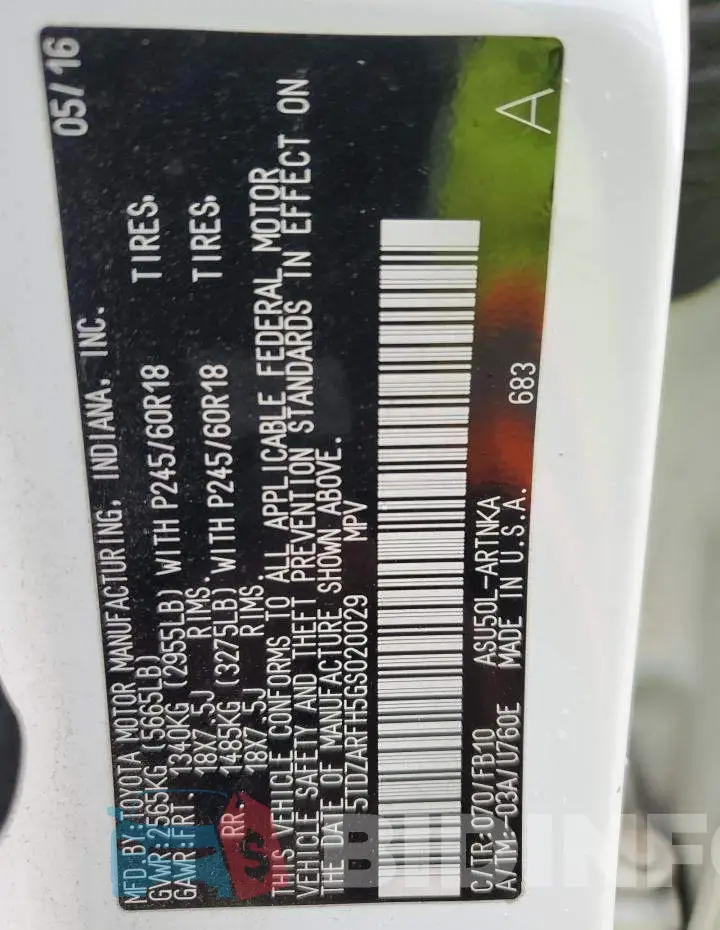 5TDZARFH5GS020029 Photo# 13