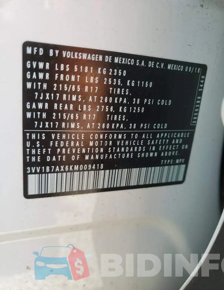 3VV1B7AX6KM009418 Photo# 13