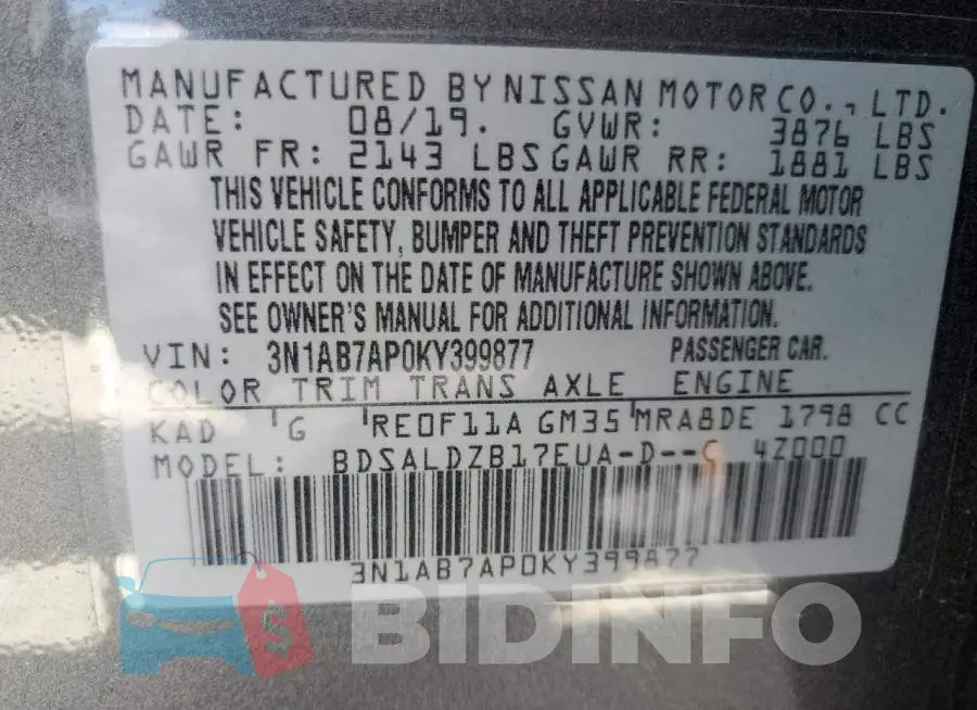 3N1AB7AP0KY399877 Photo# 13