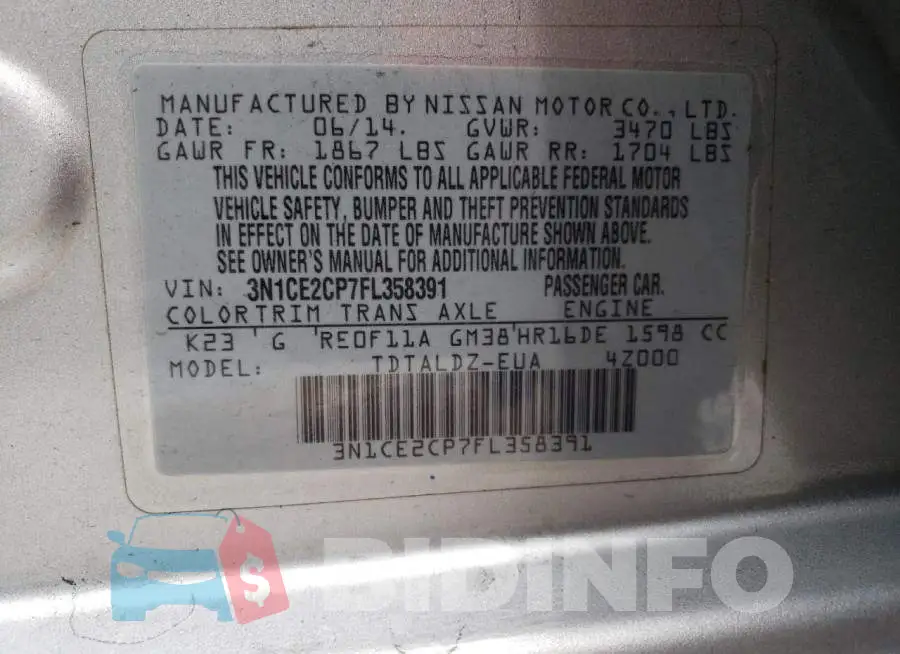 3N1CE2CP7FL358391 Photo# 12