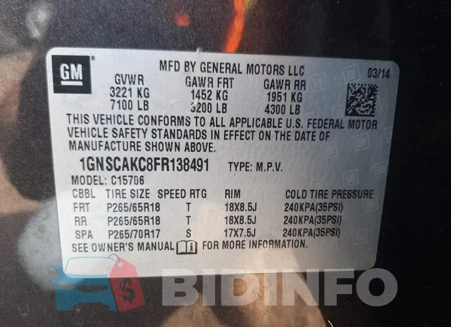 1GNSCAKC8FR138491 Photo# 12