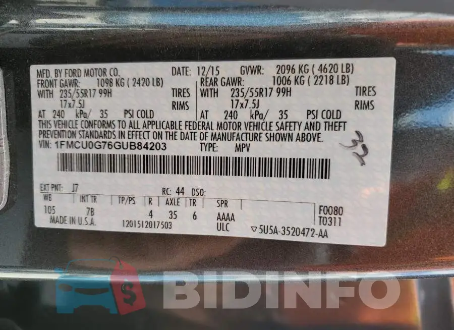 1FMCU0G76GUB84203 Photo# 13