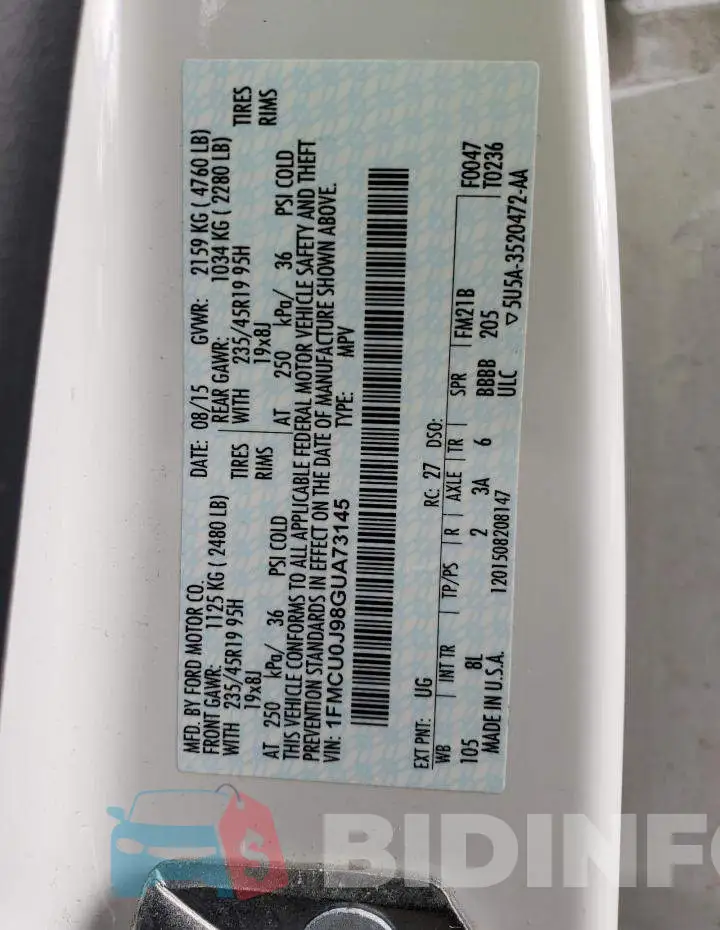 1FMCU0J98GUA73145 Photo# 13