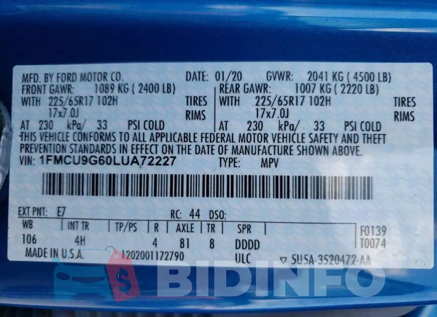 1FMCU9G60LUA72227 Photo# 10
