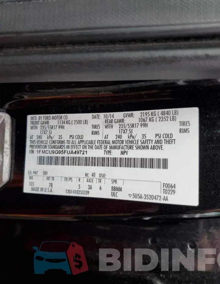 1FMCU9G95FUA49721 Photo# 13
