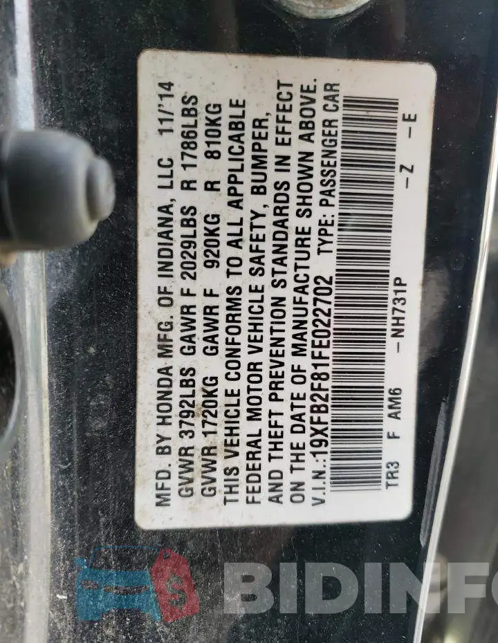 19XFB2F81FE022702 Photo# 12