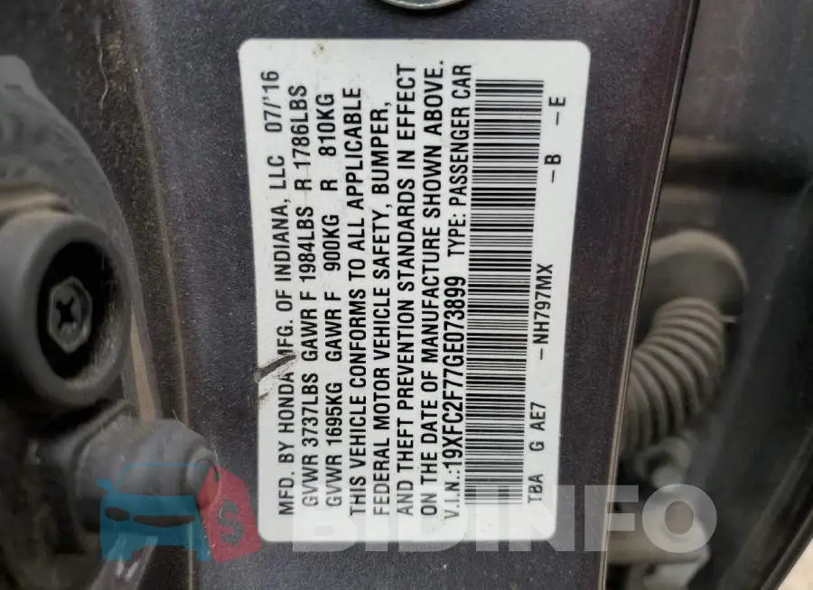 19XFC2F77GE073899 Photo# 12