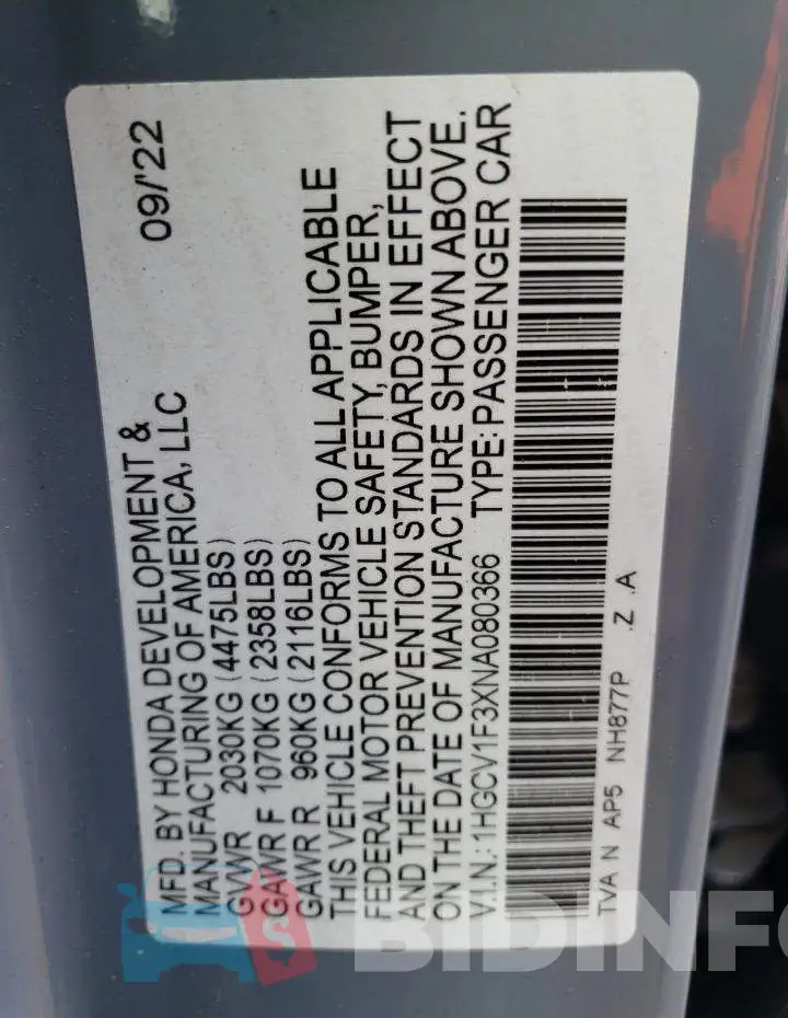 1HGCV1F3XNA080366 Photo# 13