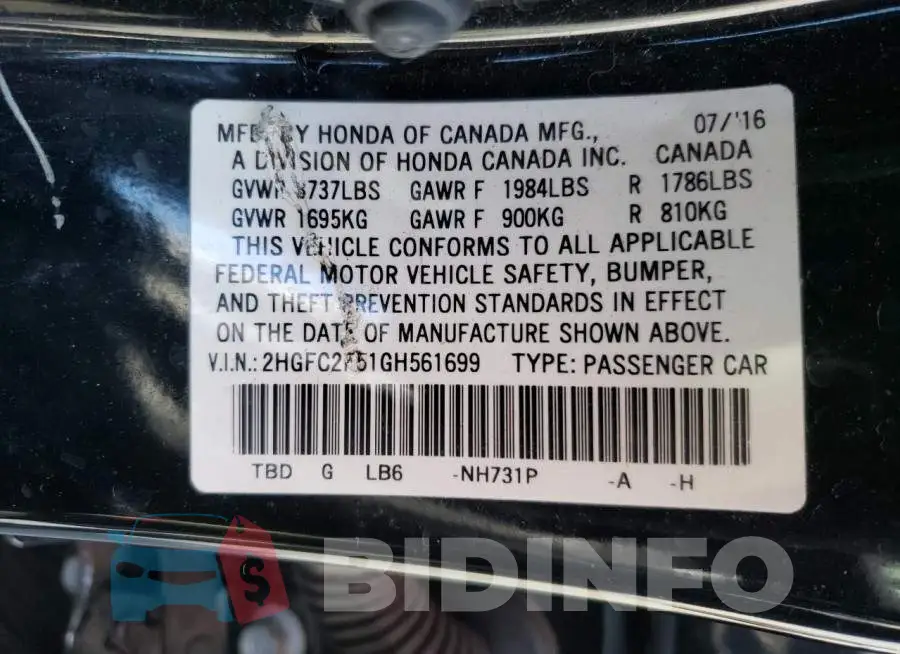 2HGFC2F51GH561699 Photo# 13