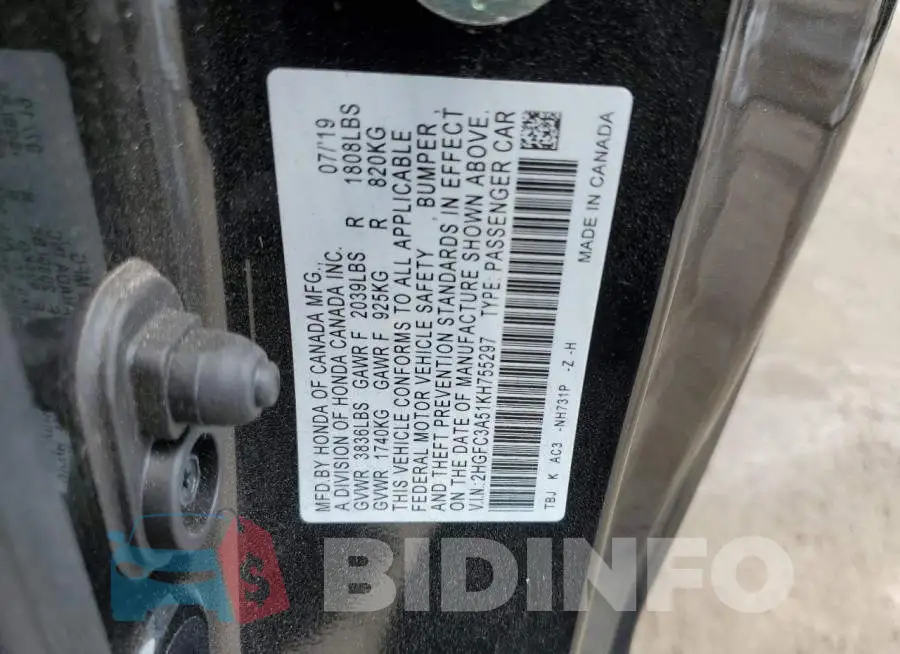 2HGFC3A51KH755297 Photo# 12