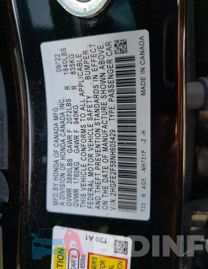 2HGFE2F58NH605429 Photo# 13