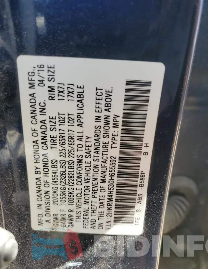 2HKRM4H53GH655592 Photo# 12