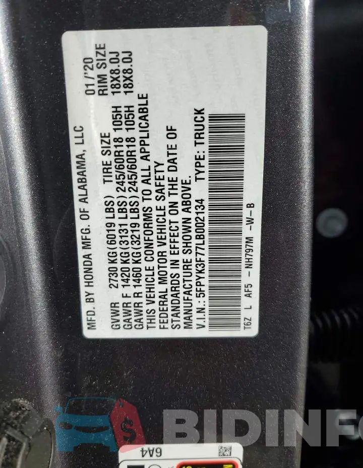 5FPYK3F77LB002134 Photo# 12