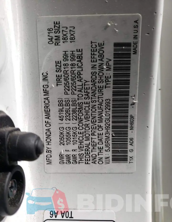 5J6RM3H92GL012993 Photo# 10