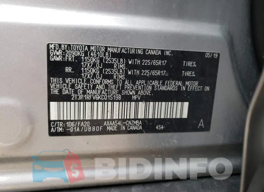 2T3P1RFV6KC015198 Photo# 12