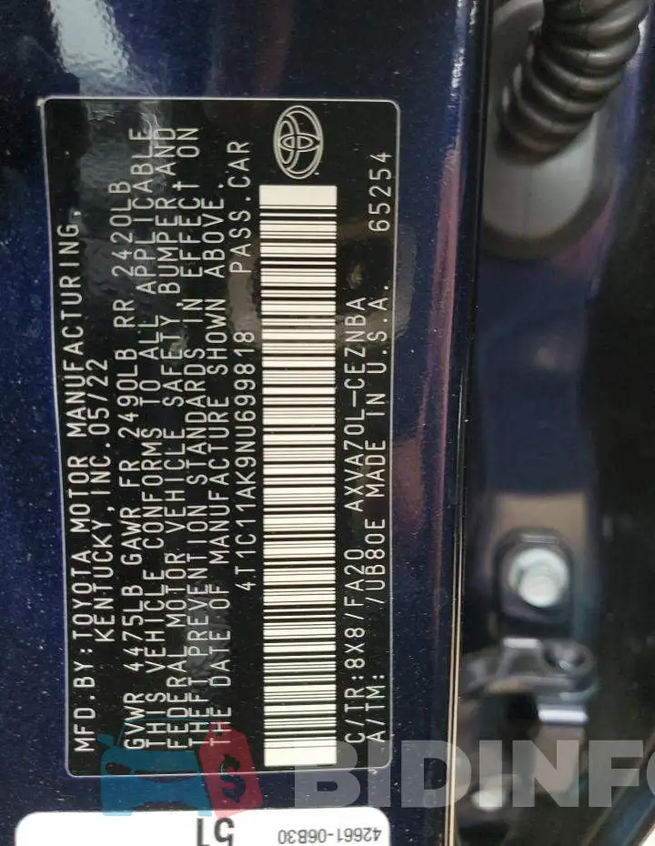 4T1C11AK9NU699818 Photo# 12