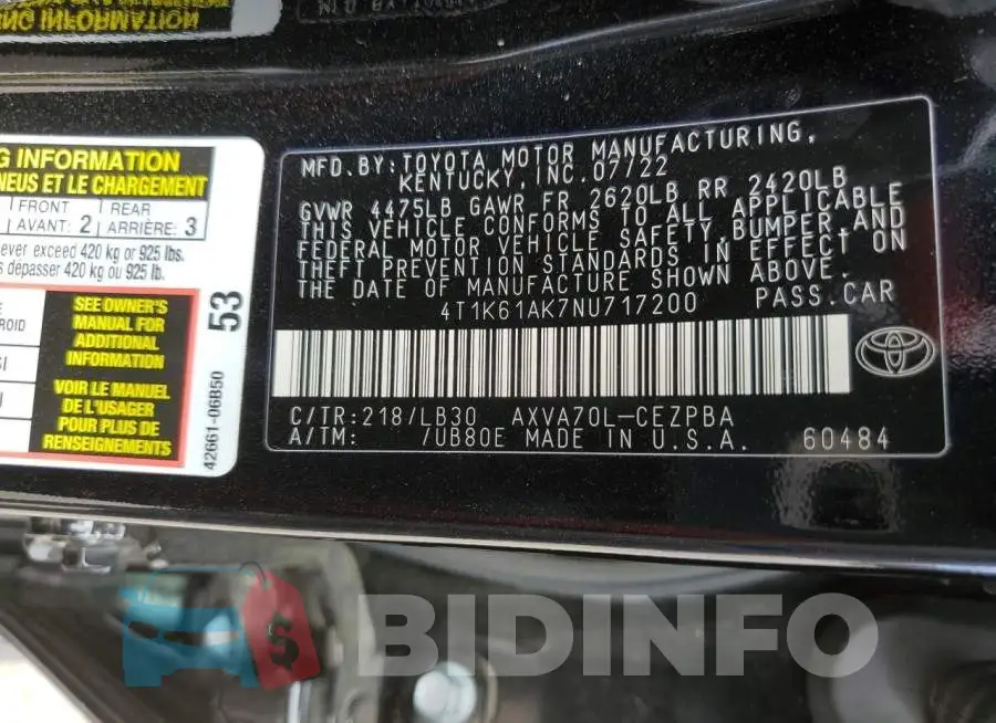 4T1K61AK7NU717200 Photo# 12
