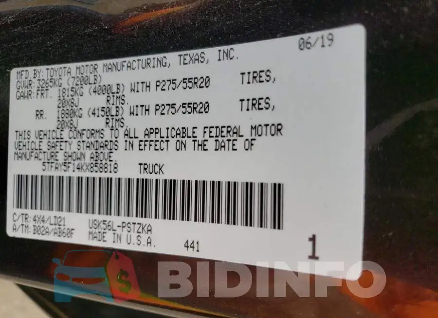 5TFAY5F14KX858818 Photo# 13
